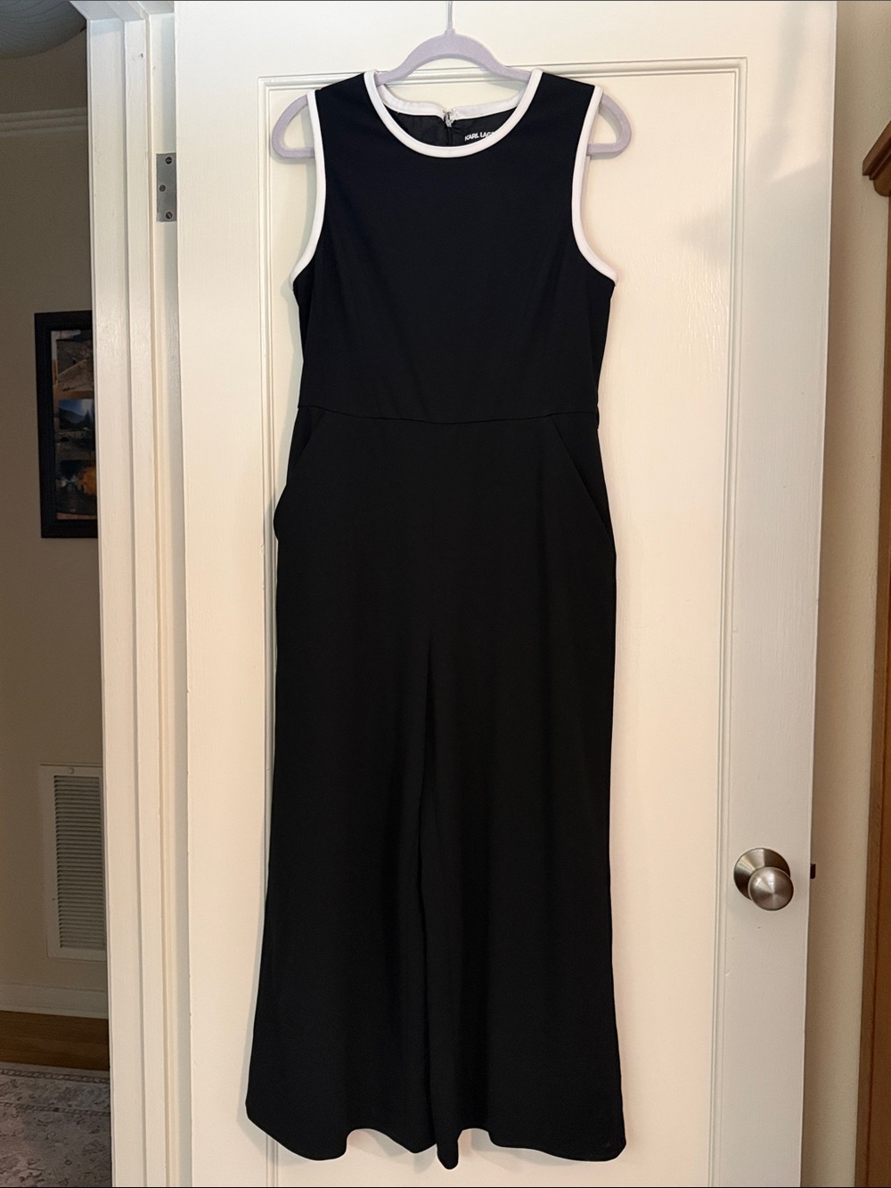 KARL LAGERFELD Black Sleeveless Jumpsuit with White Trim